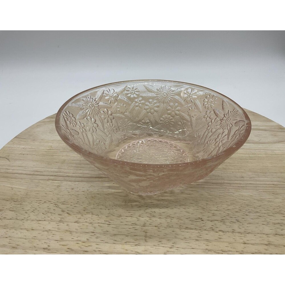 Vintage Pink Depression Glass Serving Bowl Floral Pressed Pattern Unmarked Decor